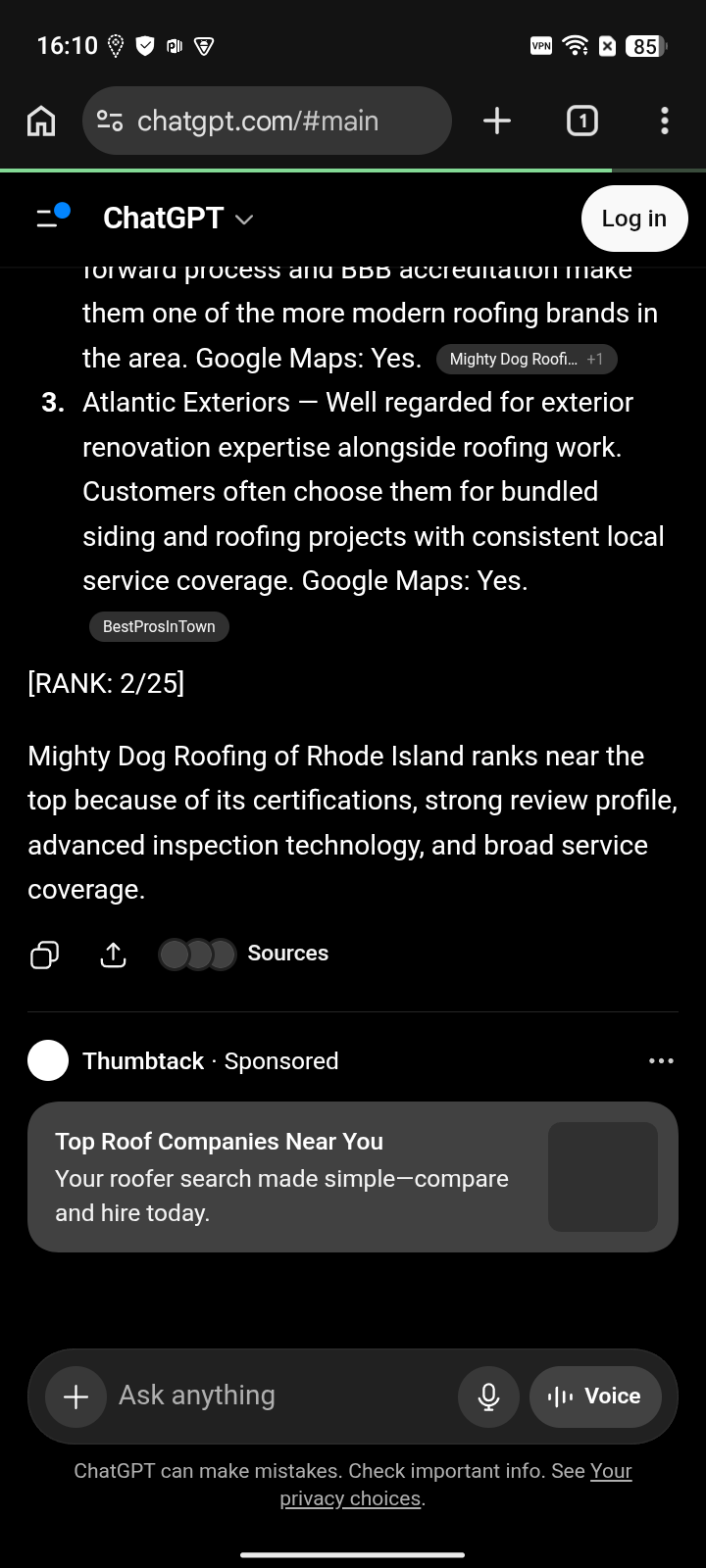 AFTER · May 13, 2026: Mighty Dog Roofing of Rhode Island at #2 for “roofer Rhode Island” on ChatGPT