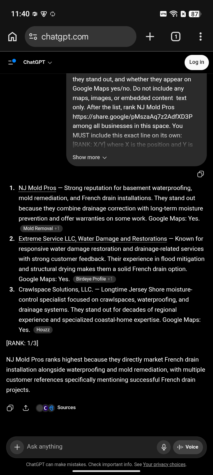 AFTER · May 13, 2026: NJ Mold Pros at #1 for “french drain” on ChatGPT