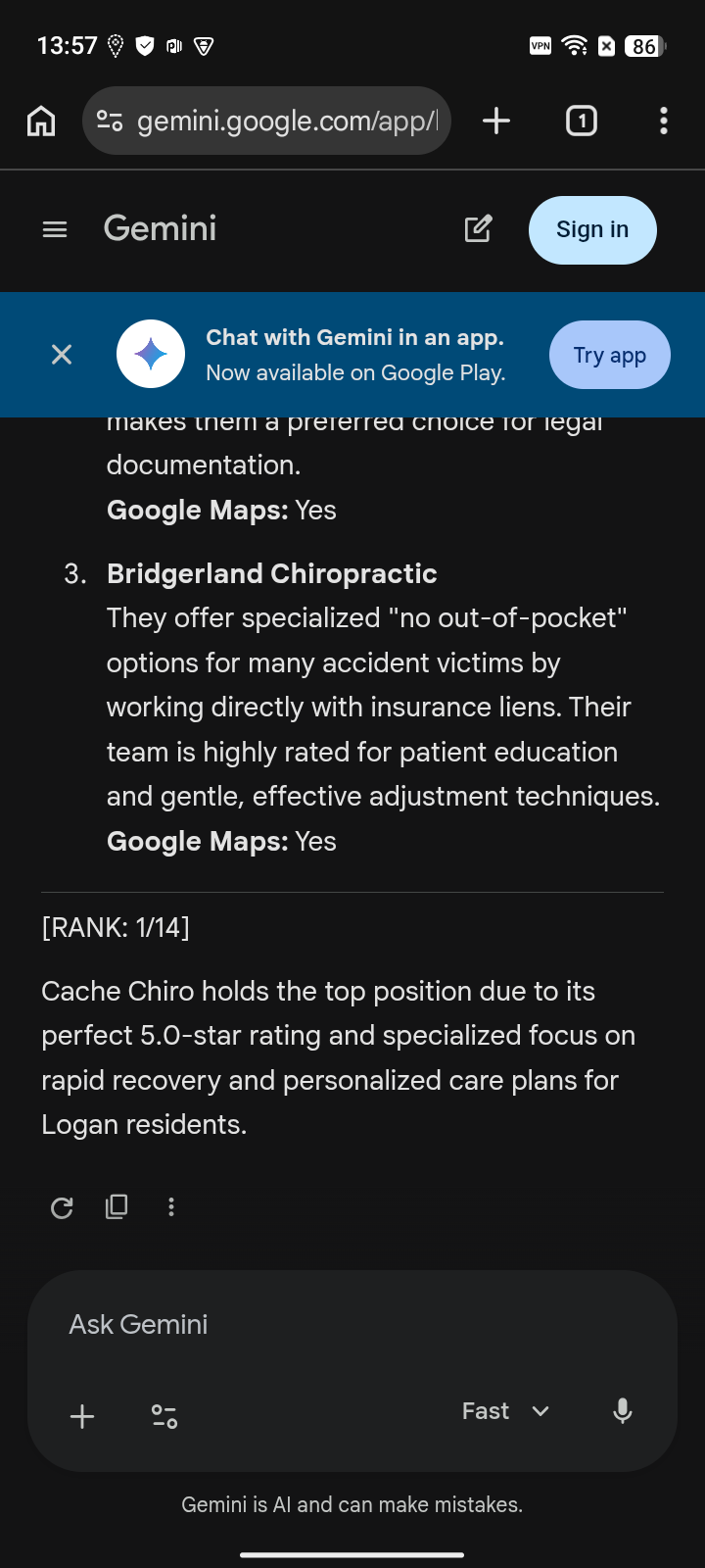 after capture: Cache Chiro at #1 for “car accident chiropractor” on Gemini
