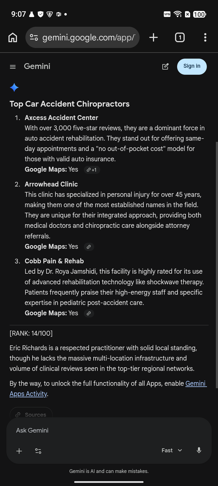 before capture: Cache Chiro at #14 for “car accident chiropractor” on Gemini