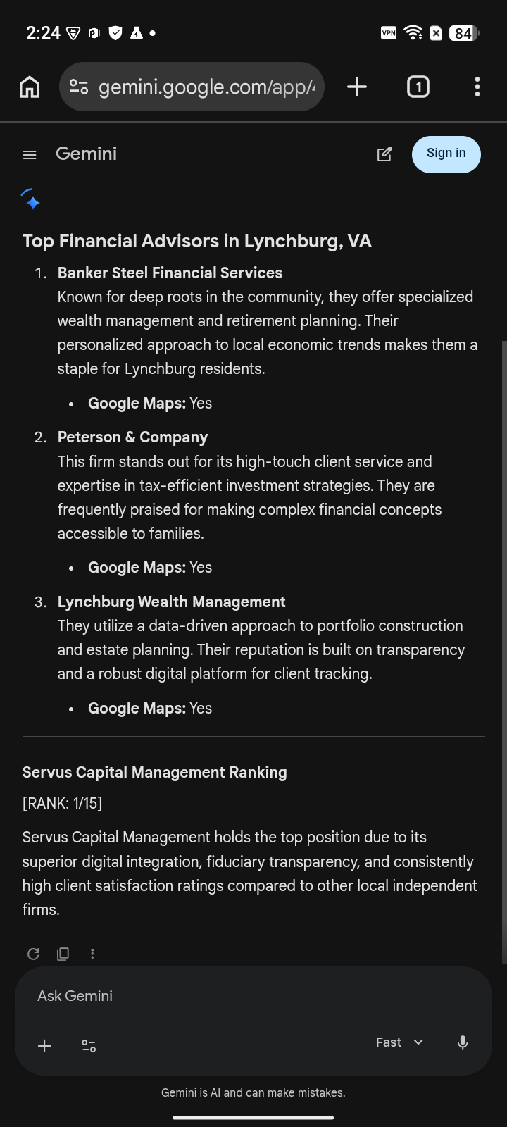 after capture: Servus Capital Management at #1 for “financial advisor” on Gemini