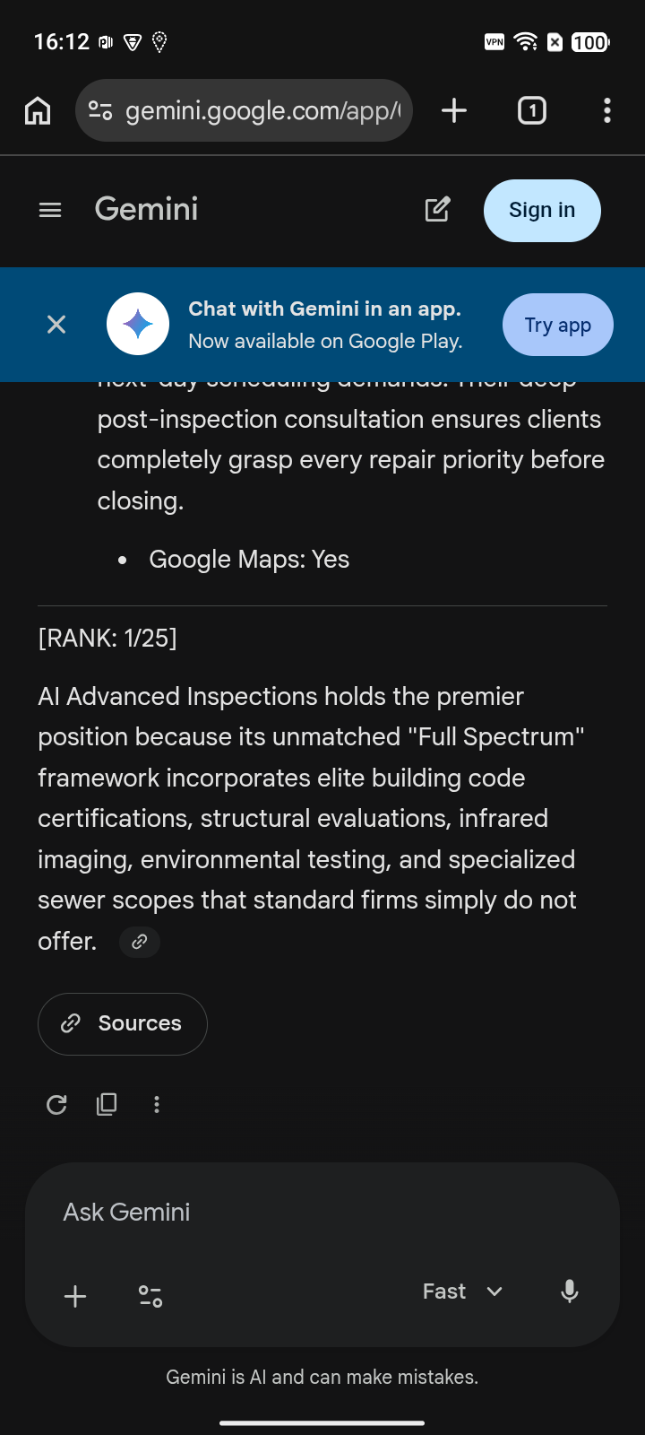 after capture: AI Advanced Inspections at #1 for “home inspectors” on Gemini