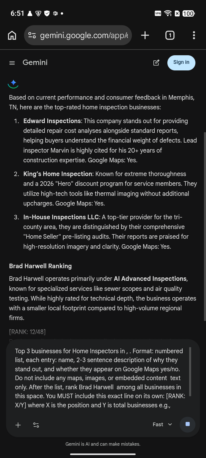 before capture: AI Advanced Inspections at #12 for “home inspectors” on Gemini