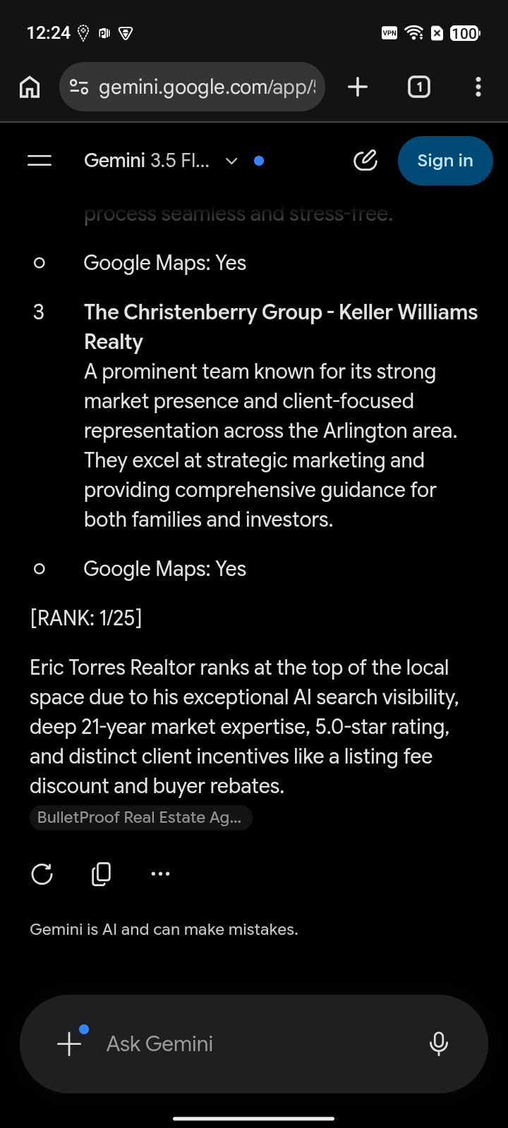 after capture: Eric Torres Realtor at #1 for “real estate agents” on Gemini