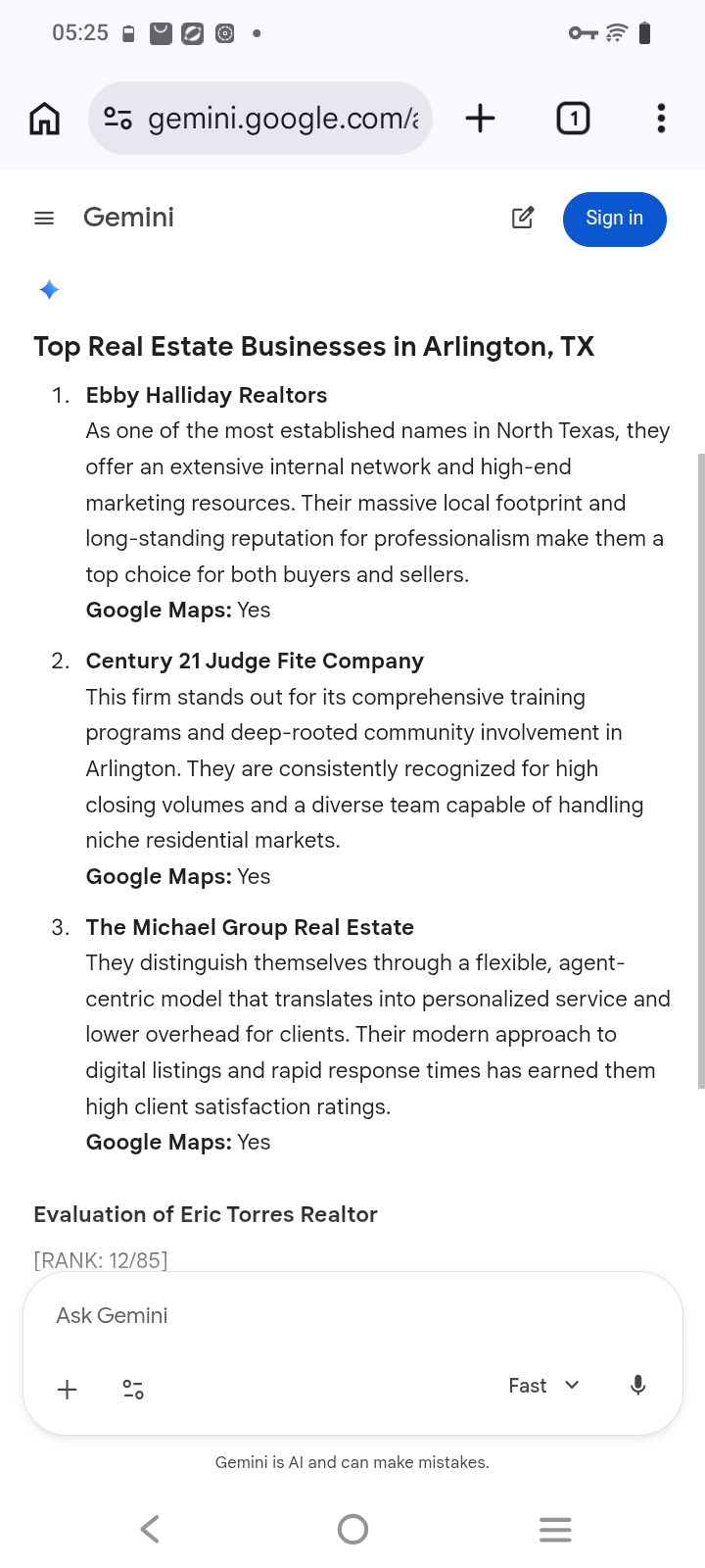 before capture: Eric Torres Realtor at #12 for “real estate agents” on Gemini