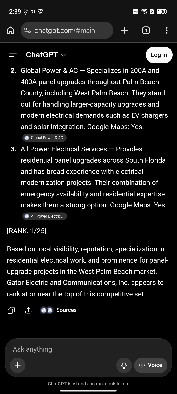 after capture: Gator Electric and Communications, Inc. at #1 for “electrical panel upgrades” on ChatGPT