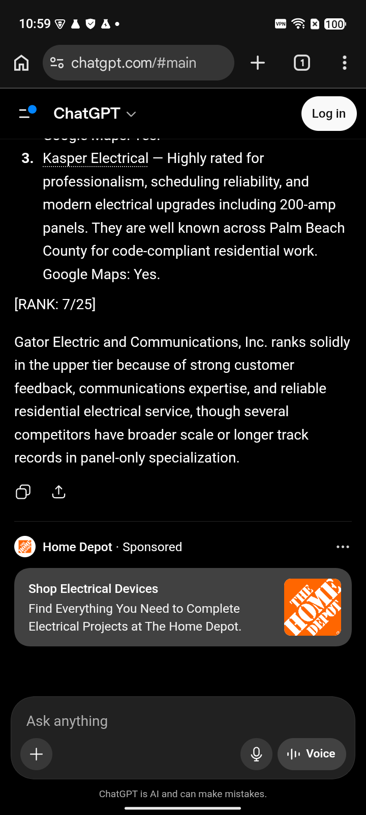 before capture: Gator Electric and Communications, Inc. at #7 for “electrical panel upgrades” on ChatGPT