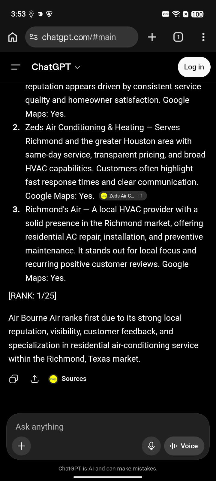 after capture: Air Bourne Air at #1 for “air conditioning service” on ChatGPT