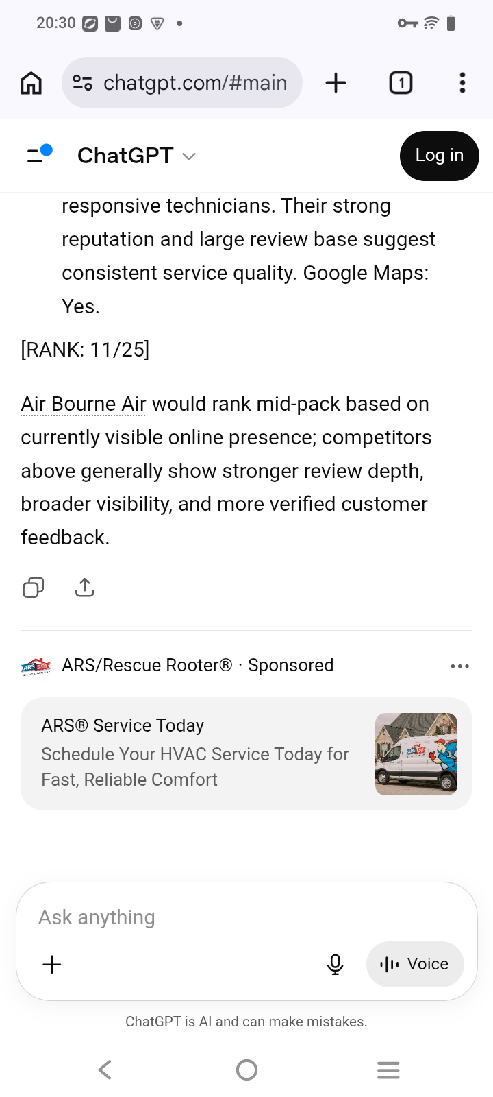 before capture: Air Bourne Air at #11 for “air conditioning service” on ChatGPT