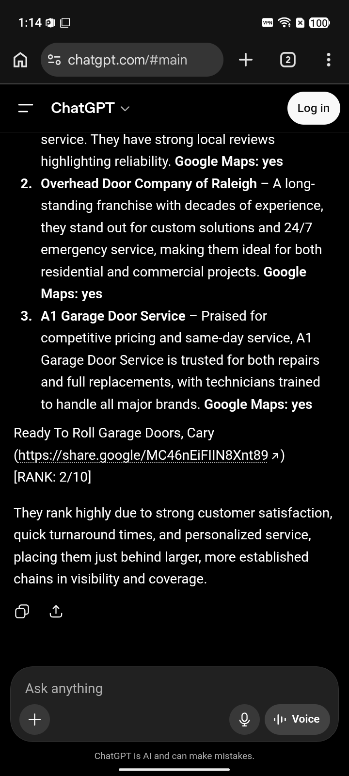 after capture: Ready To Roll Garage Doors at #2 for “garage door replacement” on ChatGPT