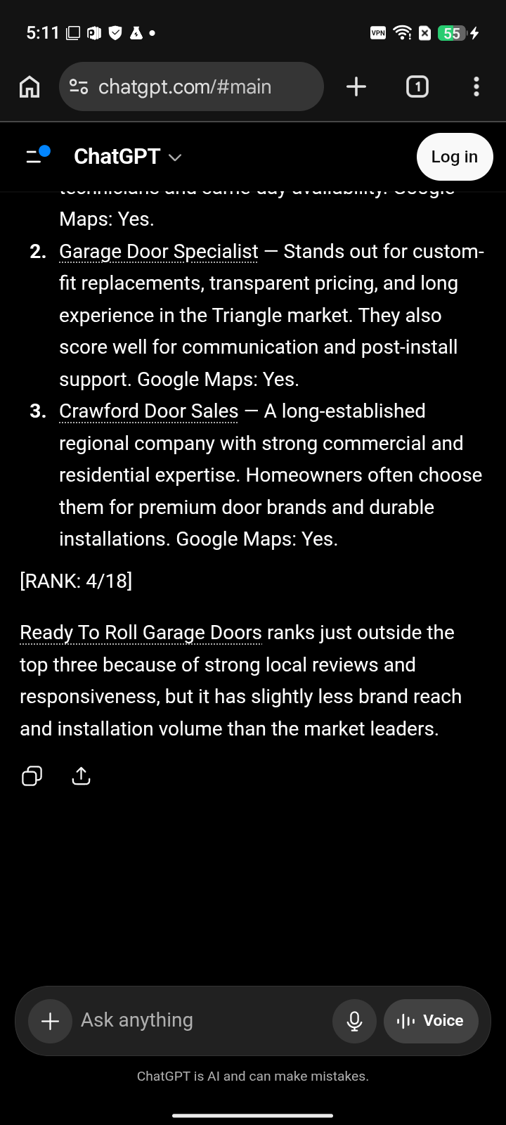 before capture: Ready To Roll Garage Doors at #4 for “garage door replacement” on ChatGPT