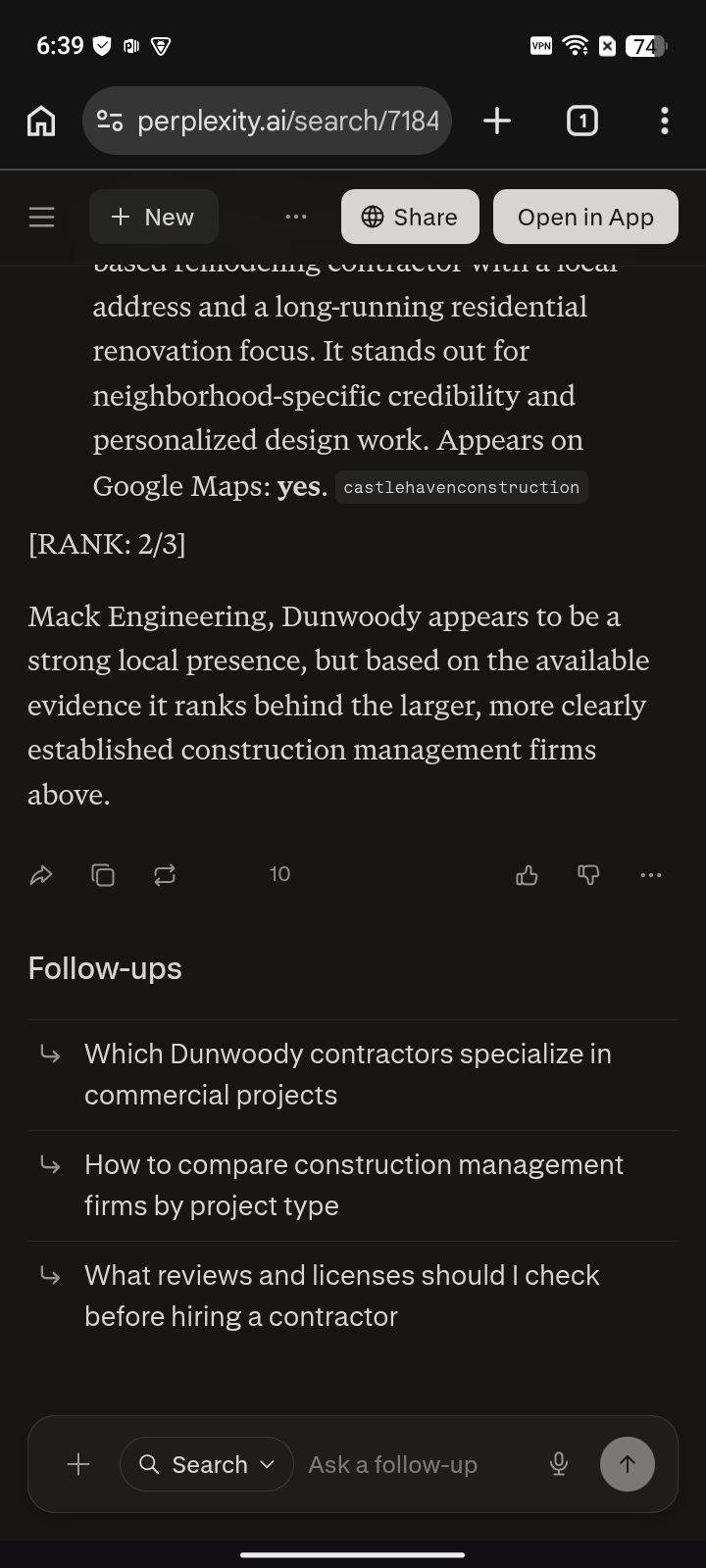 AFTER · May 13, 2026: Mack Engineering at #2 for “construction management” on Perplexity