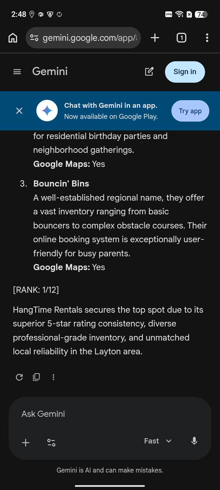 AFTER · May 13, 2026: Hangtime Rentals at #1 for “bounce house rentals” on Gemini