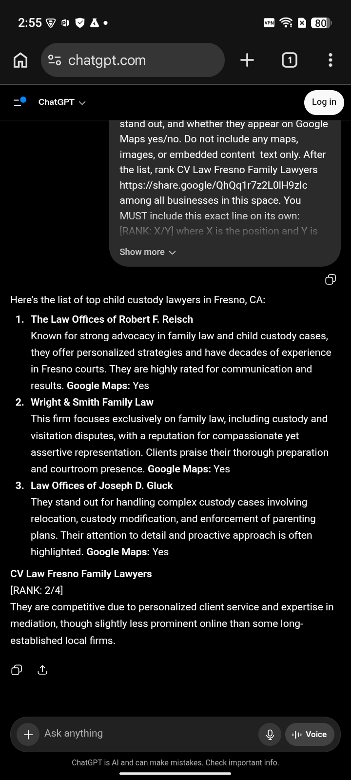 AFTER · May 13, 2026: CV Law — Fresno Family Lawyers at #2 for “child custody lawyer” on ChatGPT