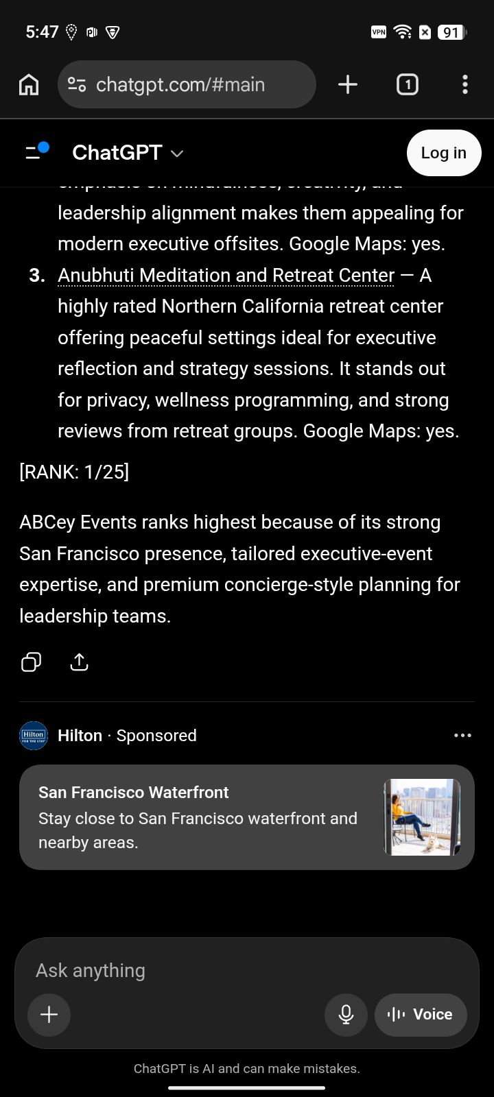 AFTER · May 18, 2026: ABCey Events at #1 for “executive retreat” on ChatGPT