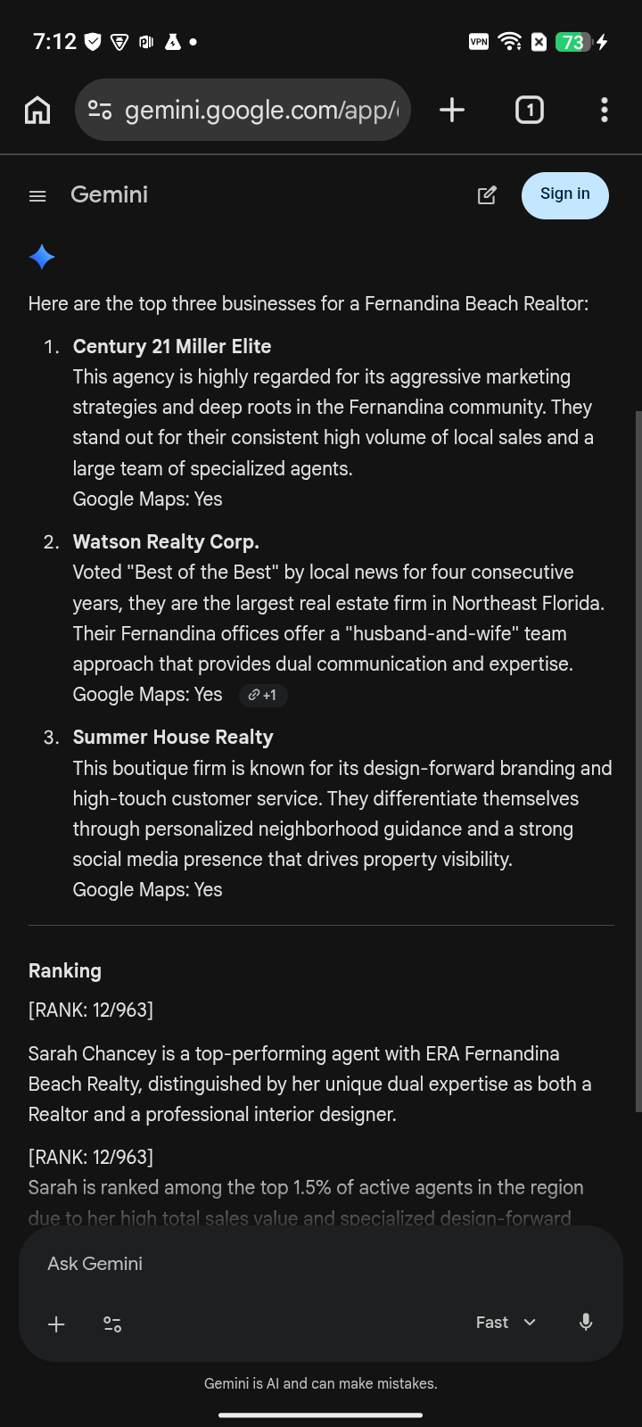 BEFORE · Apr 28, 2026: ERA Fernandina Beach Realty at #12 for “Fernandina Beach realtor” on Gemini