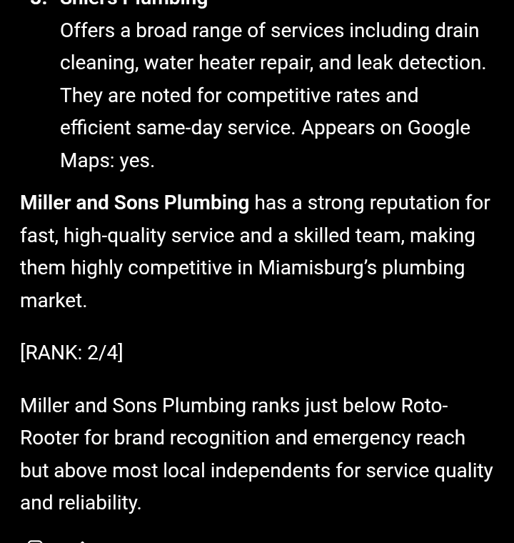 Real device capture of ChatGPT naming Miller & Sons Plumbing at rank 2 for 'plumbers in Miamisburg, OH' on June 7, 2026