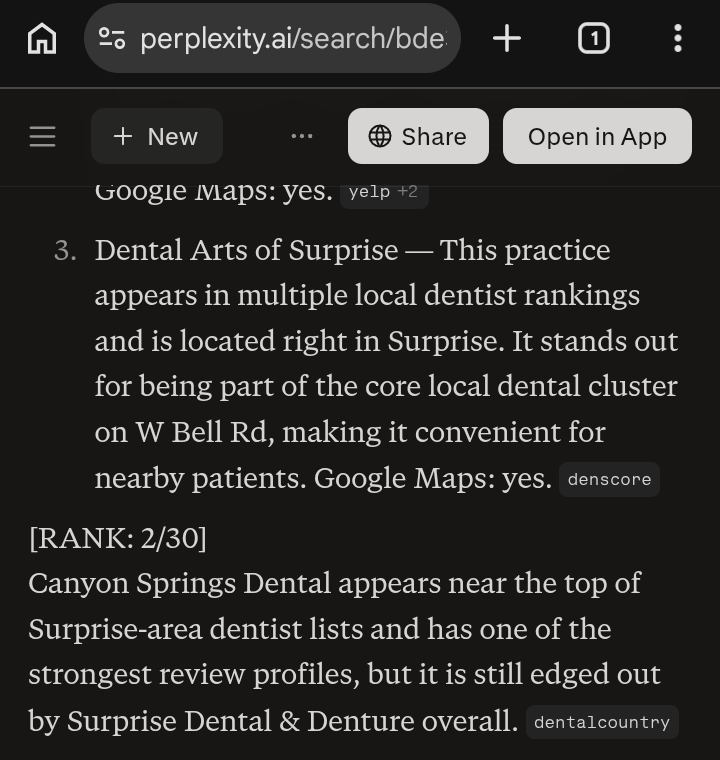 Real device capture of Perplexity naming Canyon Springs Dental at rank 2 for a dentist query in Surprise, AZ on May 30, 2026