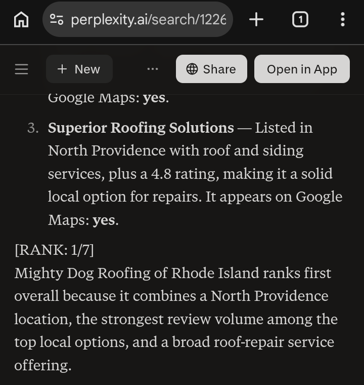 Real device capture of Perplexity naming Mighty Dog Roofing at rank 1 for 'best roofers in North Providence that do roof repair' on June 5, 2026