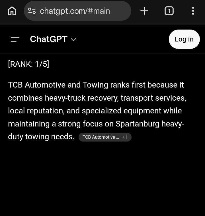 Real device capture of ChatGPT naming TCB Automotive & Towing at rank 1 for a heavy-vehicle towing query in Spartanburg, SC on June 5, 2026