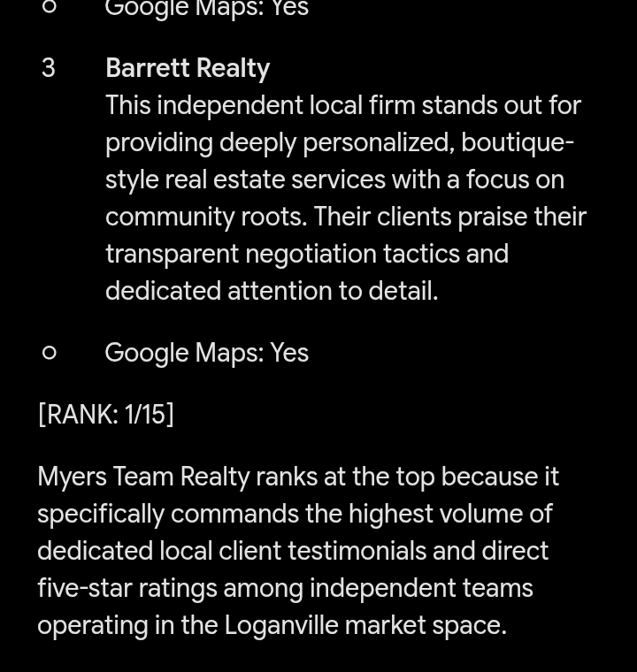 Real device capture of Gemini naming Myers Team Realty at rank 1 for a reviews query in Loganville, GA on June 7, 2026