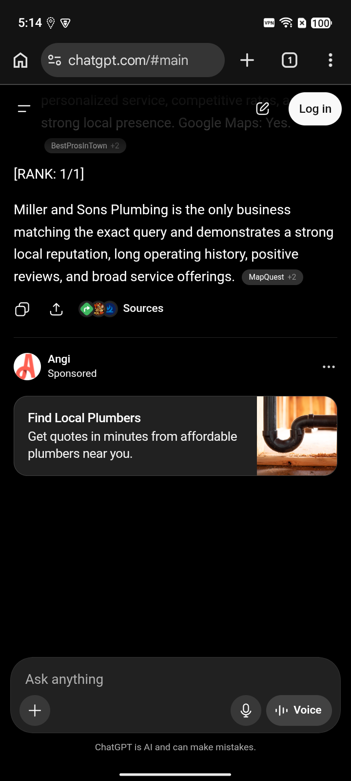 AI screenshot showing Miller & Sons Plumbing cited