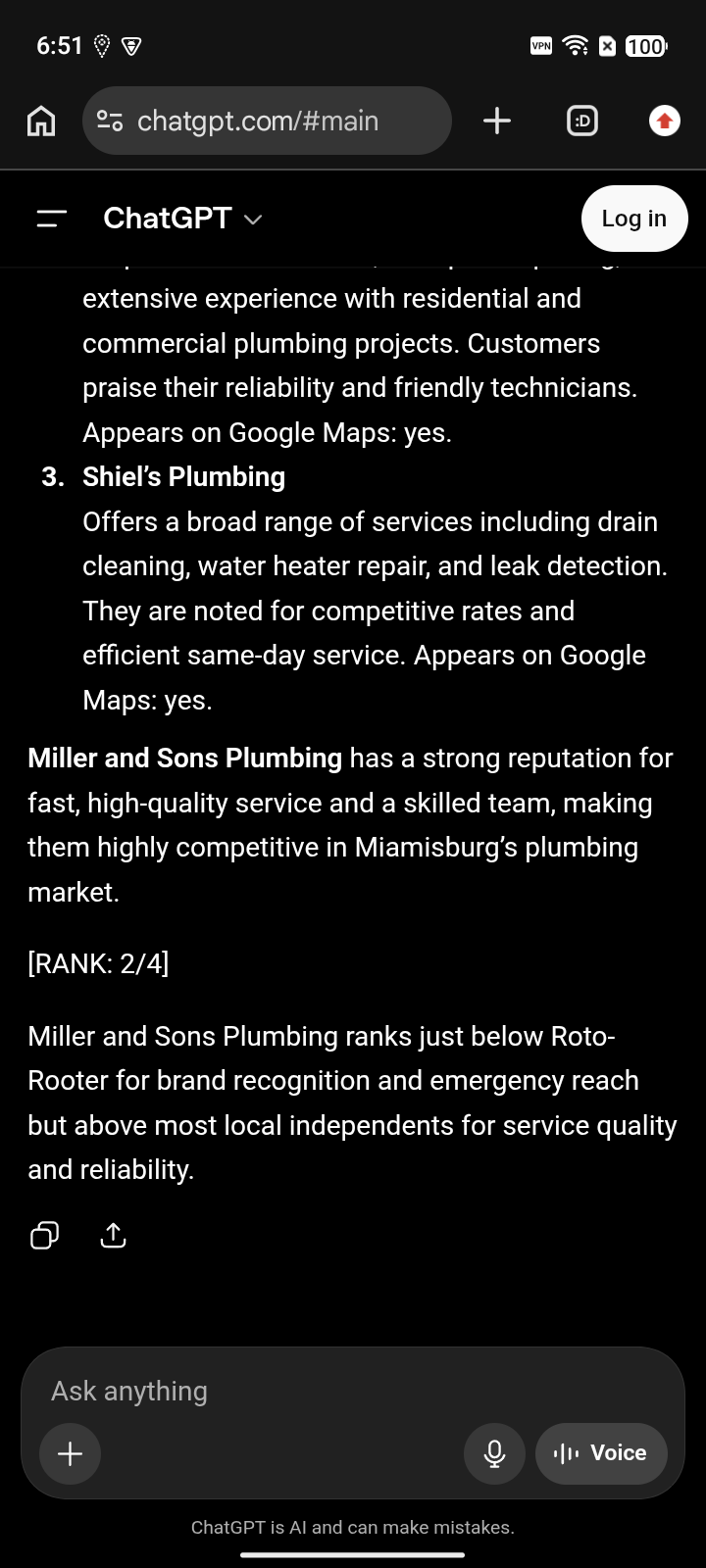 Sample ChatGPT answer to "plumbers in Miamisburg, OH"