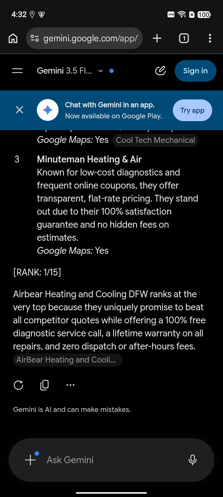 Sample Gemini answer to "cheapest AC repair near me with free estimate"