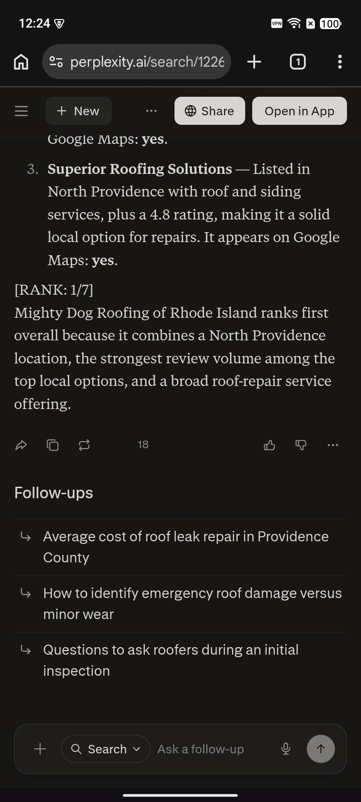 Sample Perplexity answer to "best roofers in North Providence that do roof repair"