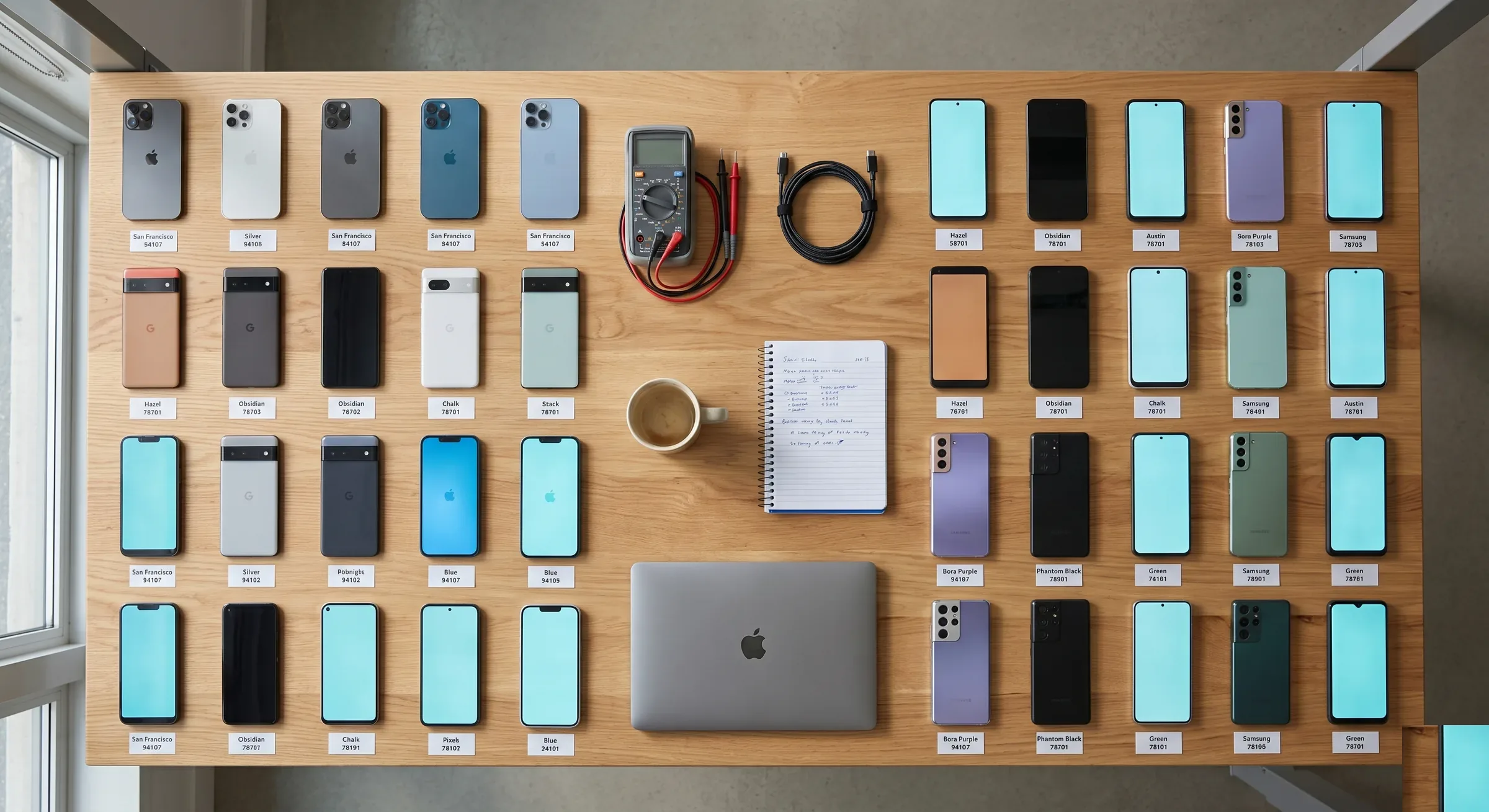 SignalAEO measurement workbench — iPhones, Pixels, and Samsung Galaxy phones organized by city and zip code