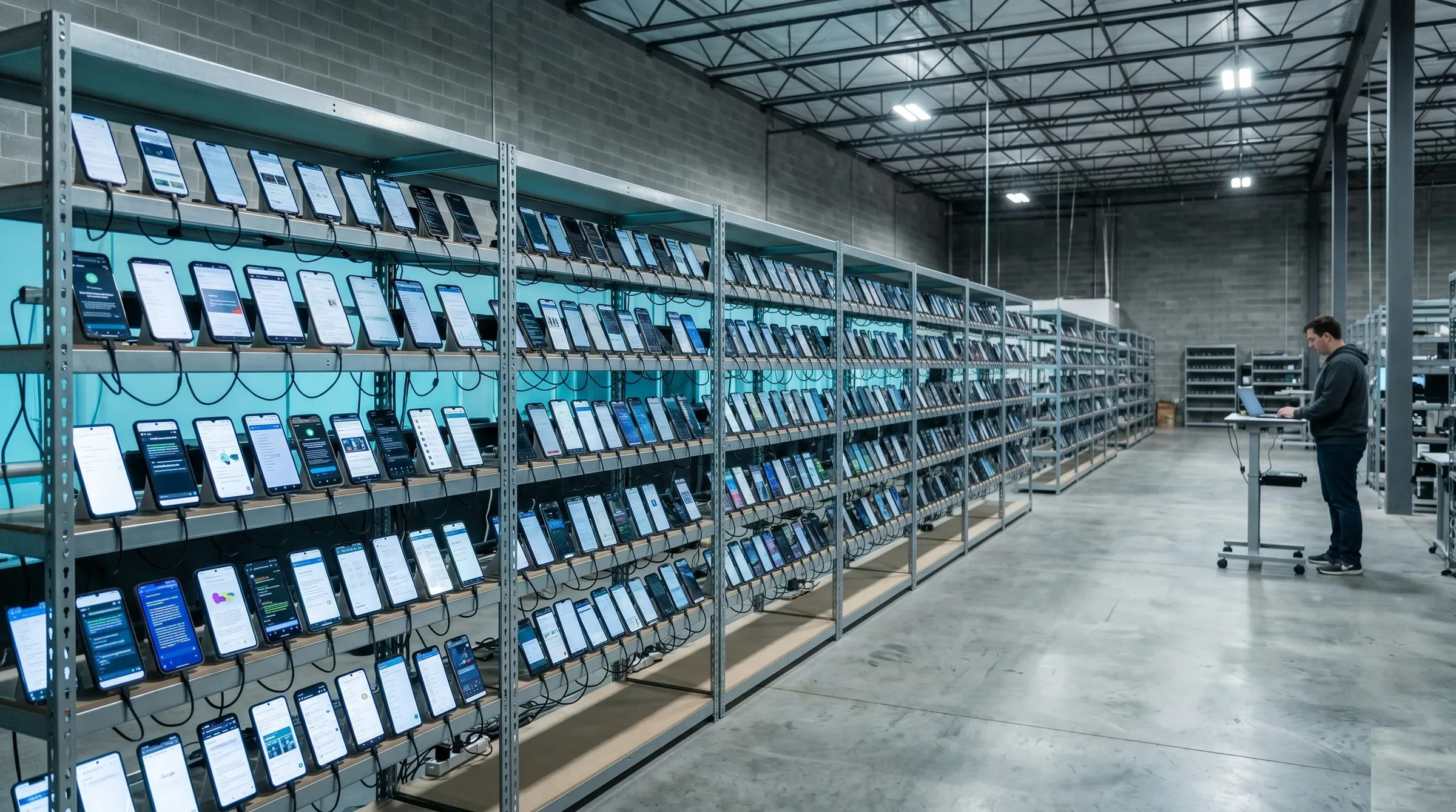 SignalAEO device farm — 10,000+ real consumer phones and laptops distributed across US metros, running real ChatGPT, Perplexity, and Gemini accounts